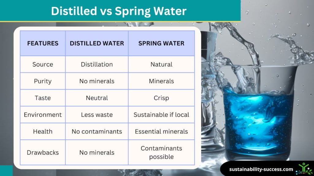 distilled vs spring water - comparison table