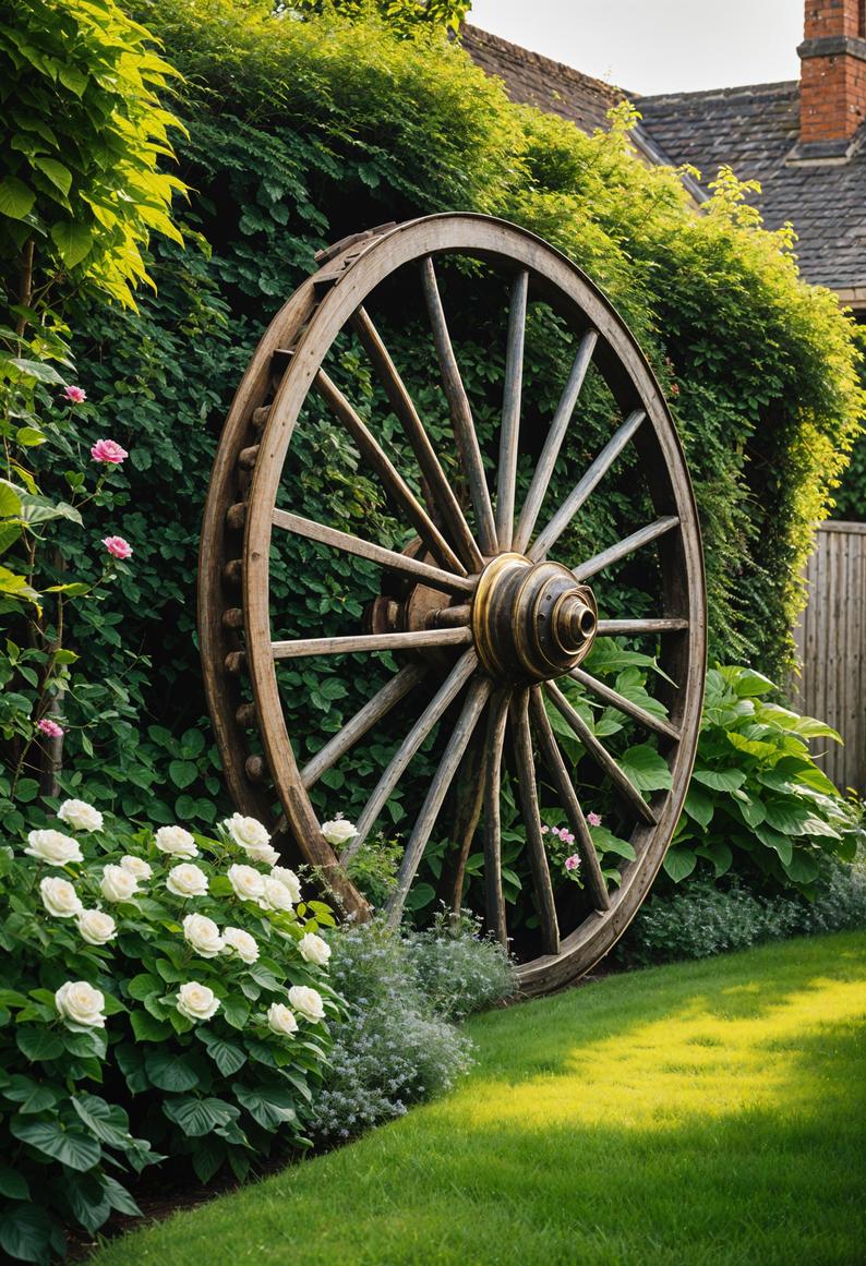 31. Charming Carriage Wheel Garden Decor-1