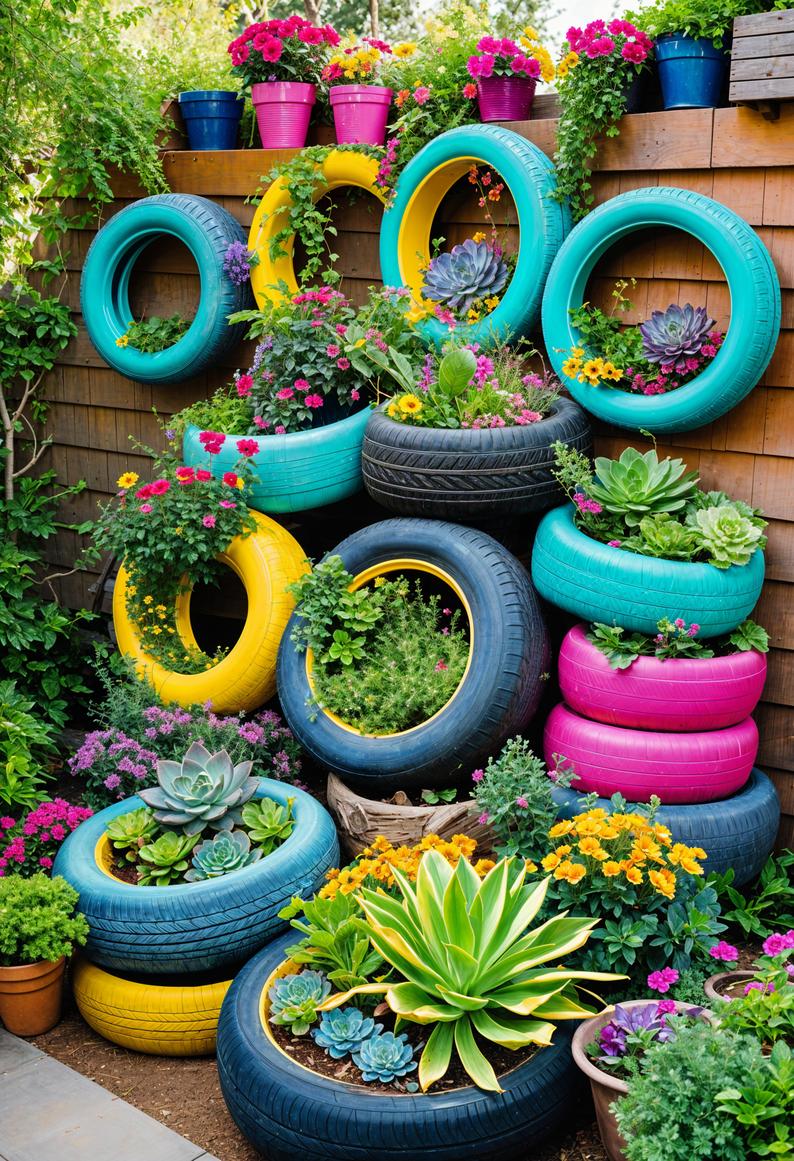 2. Upcycled Tire Planters: Vibrant Boho-0