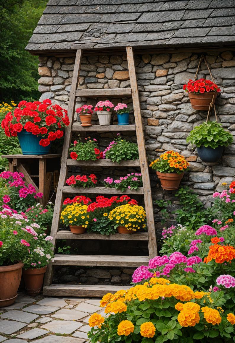 6. Vintage Flower Display with Ladder-0