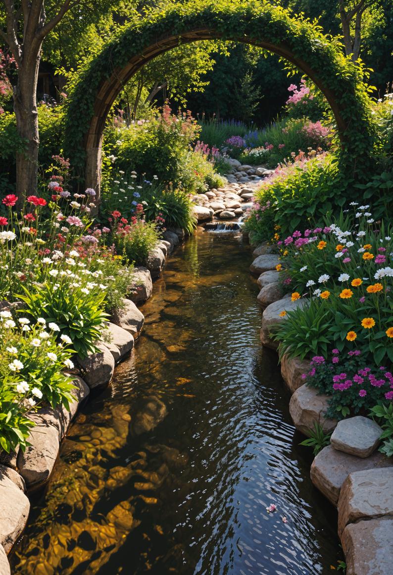 15. Floral Archway Over Backyard Stream-0