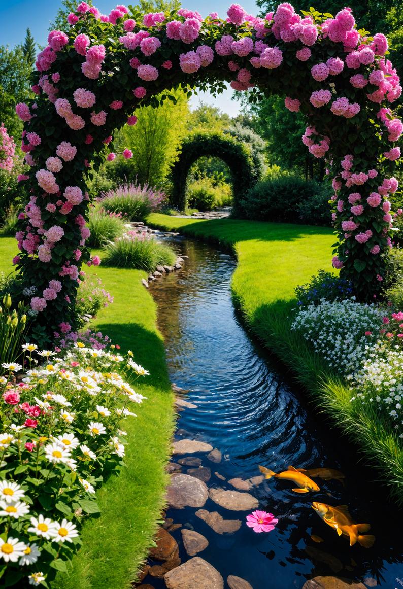 15. Floral Archway Over Backyard Stream-2