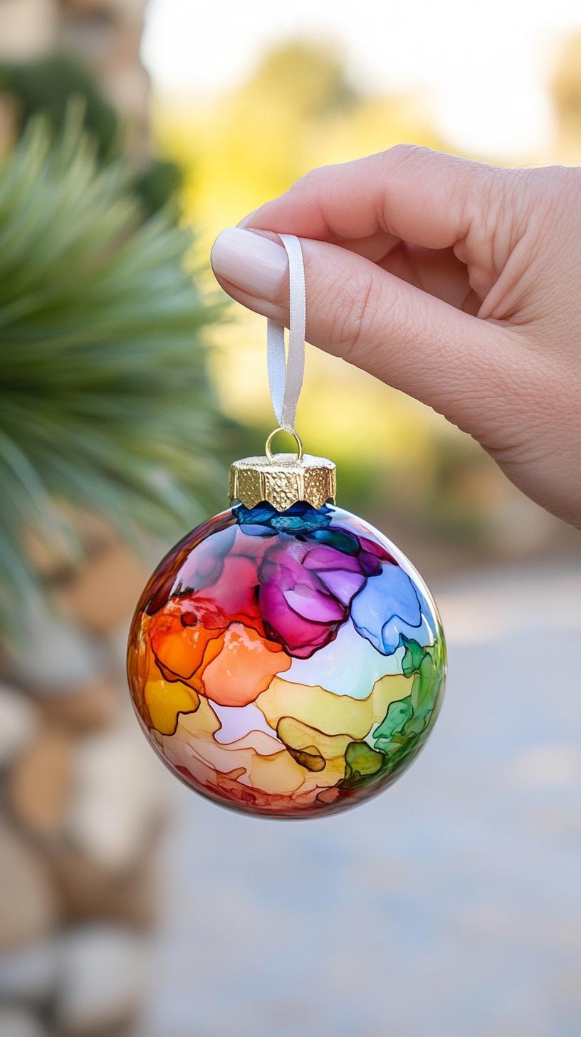 7. Alcohol ink glass baubles swirled with vibrant rainbow colors-1