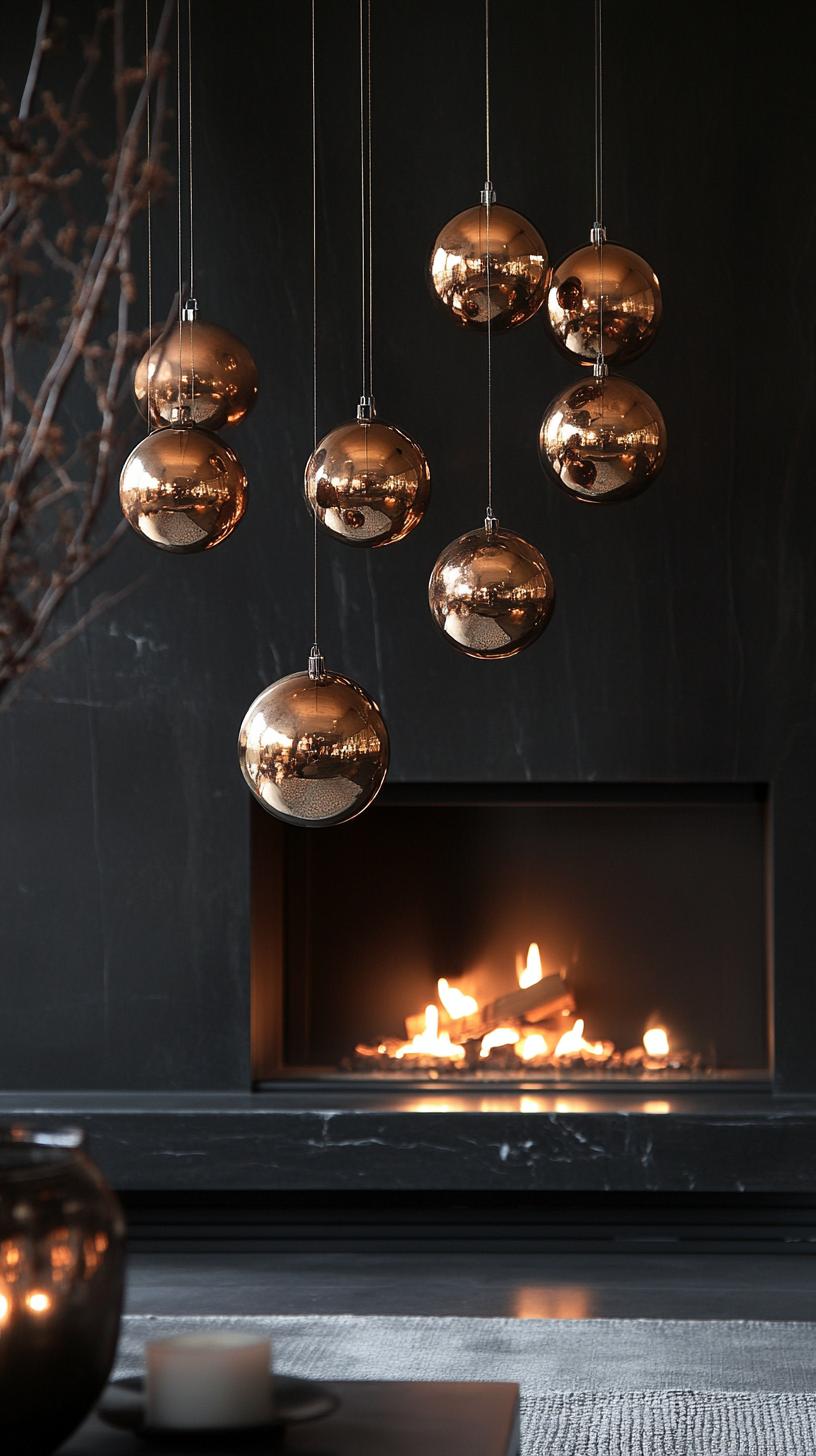 12. Black marble fireplace with dramatic hanging metallic spheres-0