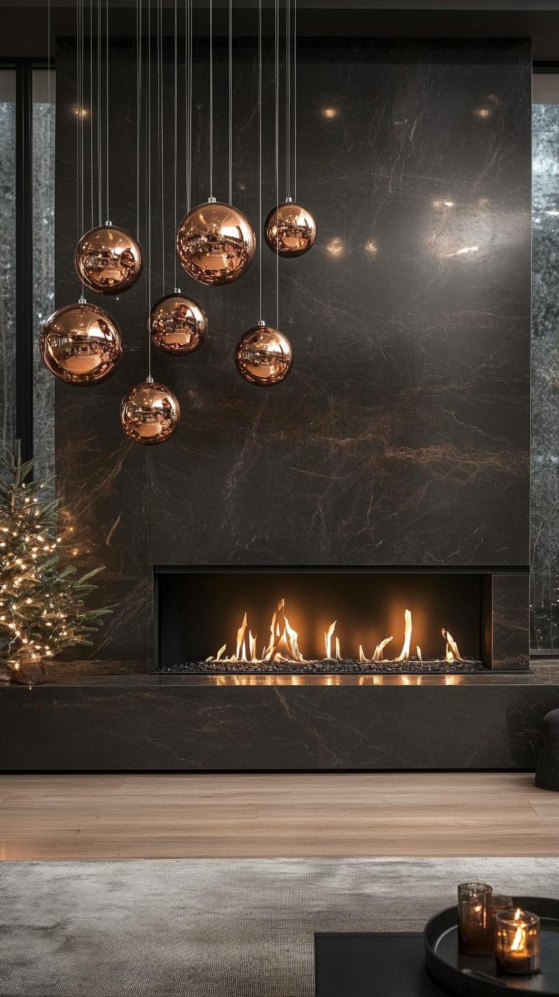 12. Black marble fireplace with dramatic hanging metallic spheres-1