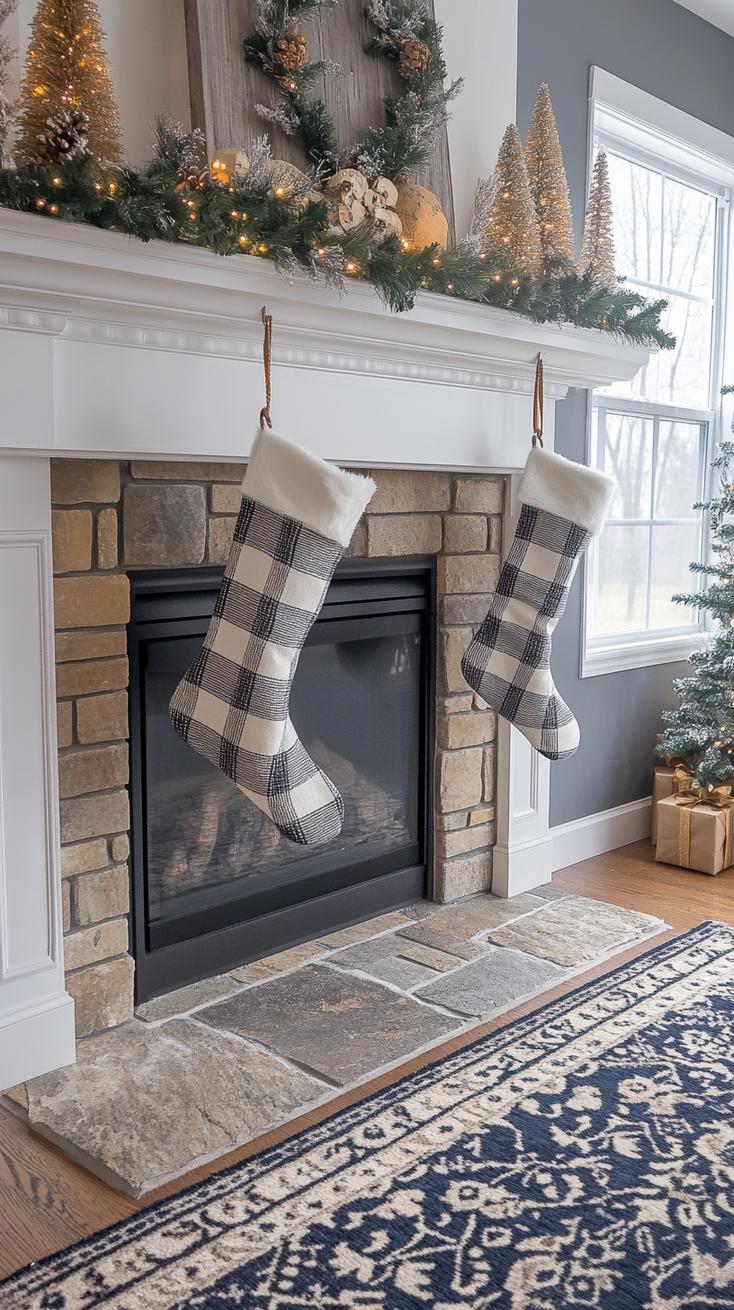 7. Buffalo check stockings against crisp white traditional mantel-0