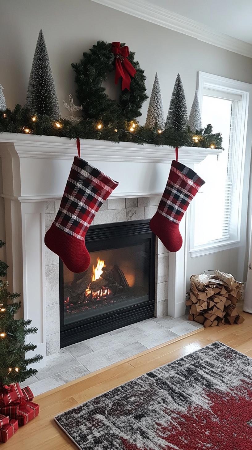 7. Buffalo check stockings against crisp white traditional mantel-1