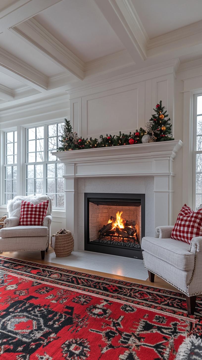 7. Buffalo check stockings against crisp white traditional mantel-2