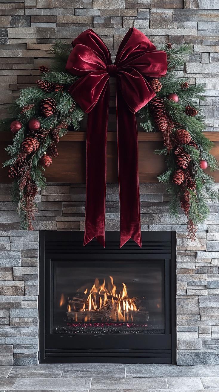 15. Burgundy velvet ribbon woven through natural pine garland-0