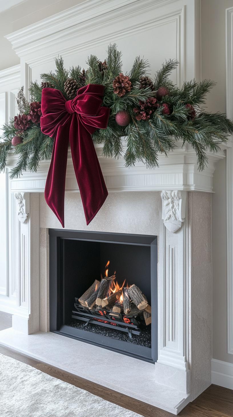 15. Burgundy velvet ribbon woven through natural pine garland-2