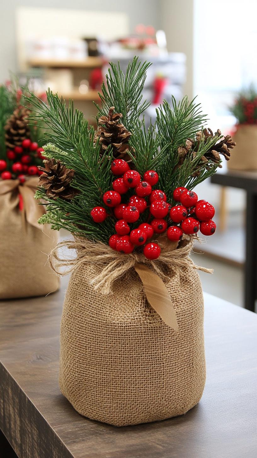 15. Burlap-wrapped mason jars with pine and berry accents-0