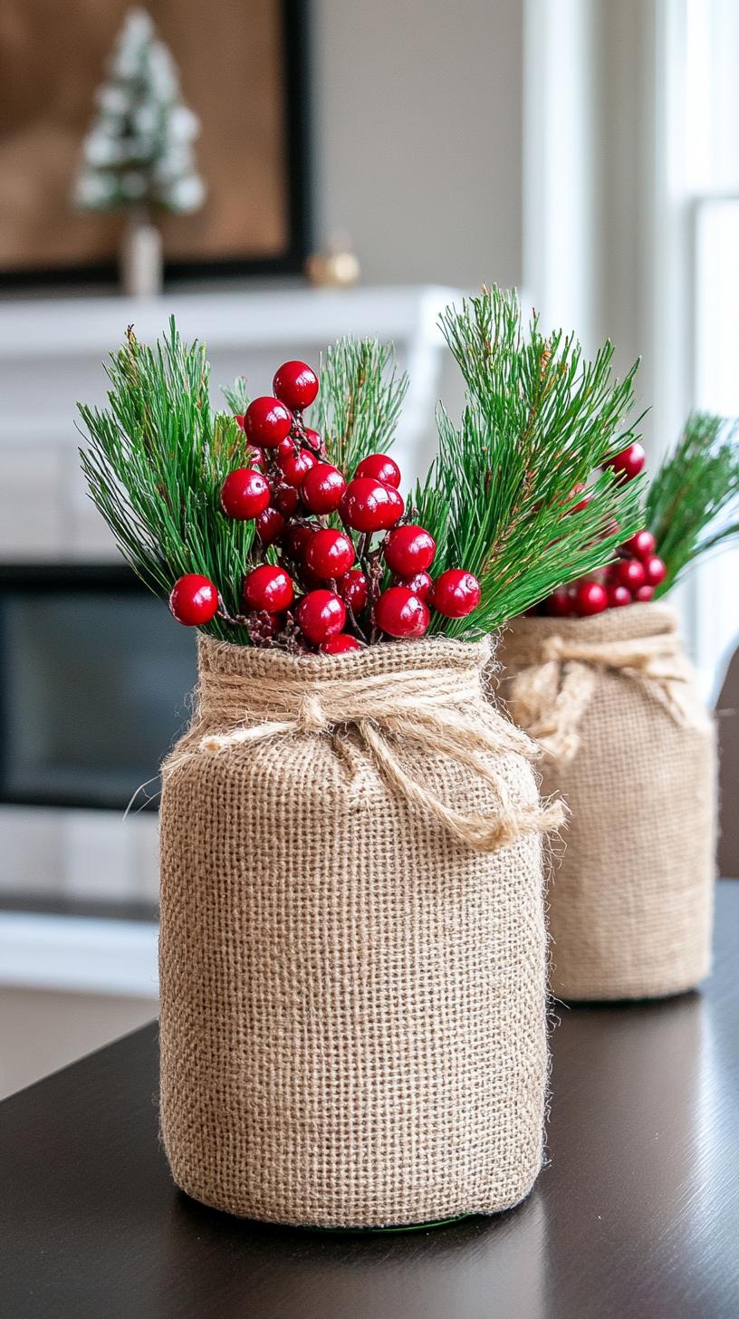 15. Burlap-wrapped mason jars with pine and berry accents-1