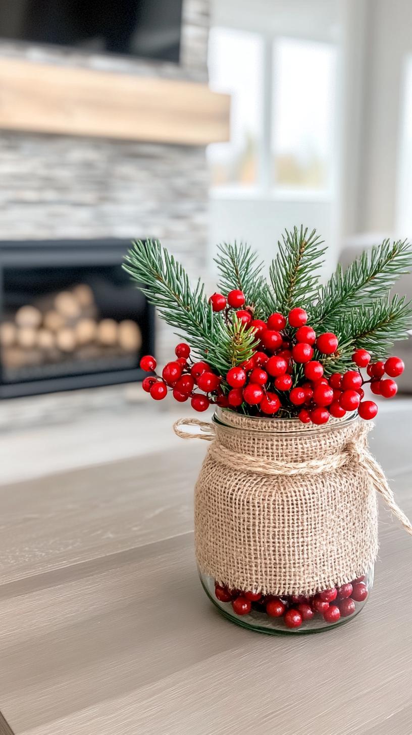 15. Burlap-wrapped mason jars with pine and berry accents-2