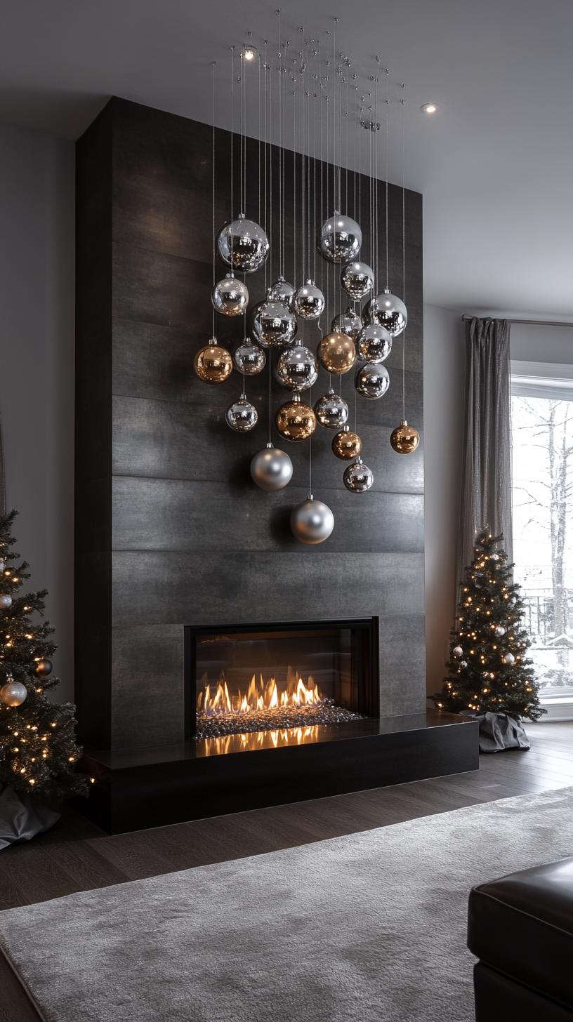 1. Cascading silver and gold ornament balls above modern fireplace-0