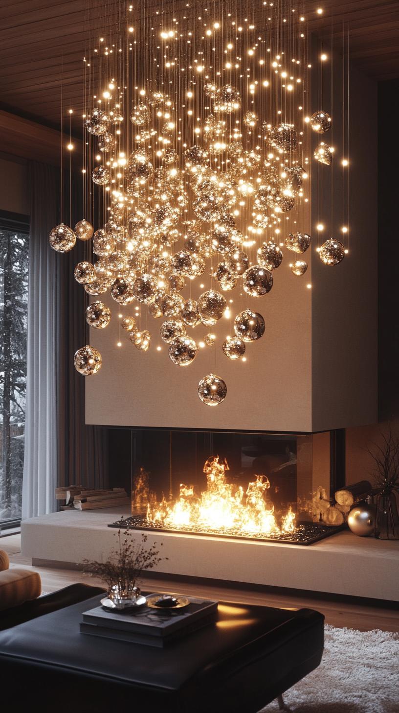 1. Cascading silver and gold ornament balls above modern fireplace-1