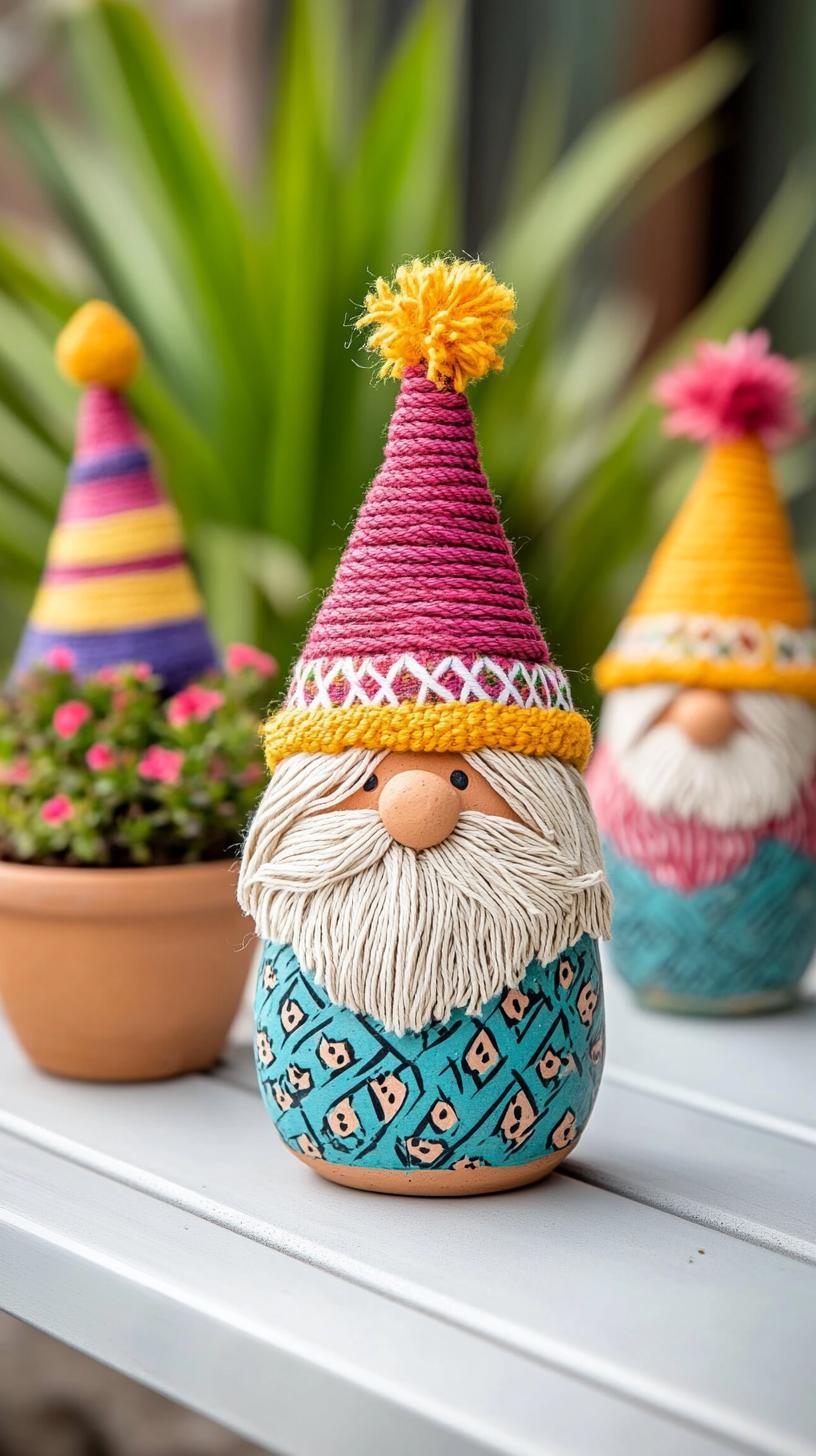 8. Clay pot gnomes with fluffy yarn beards and pointed hats-2