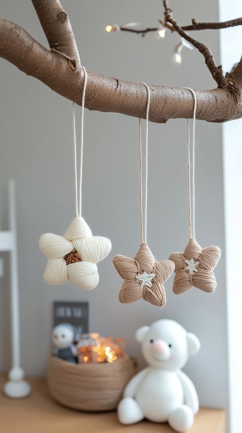 6. DIY yarn-wrapped star ornaments in neutral beige tones-0