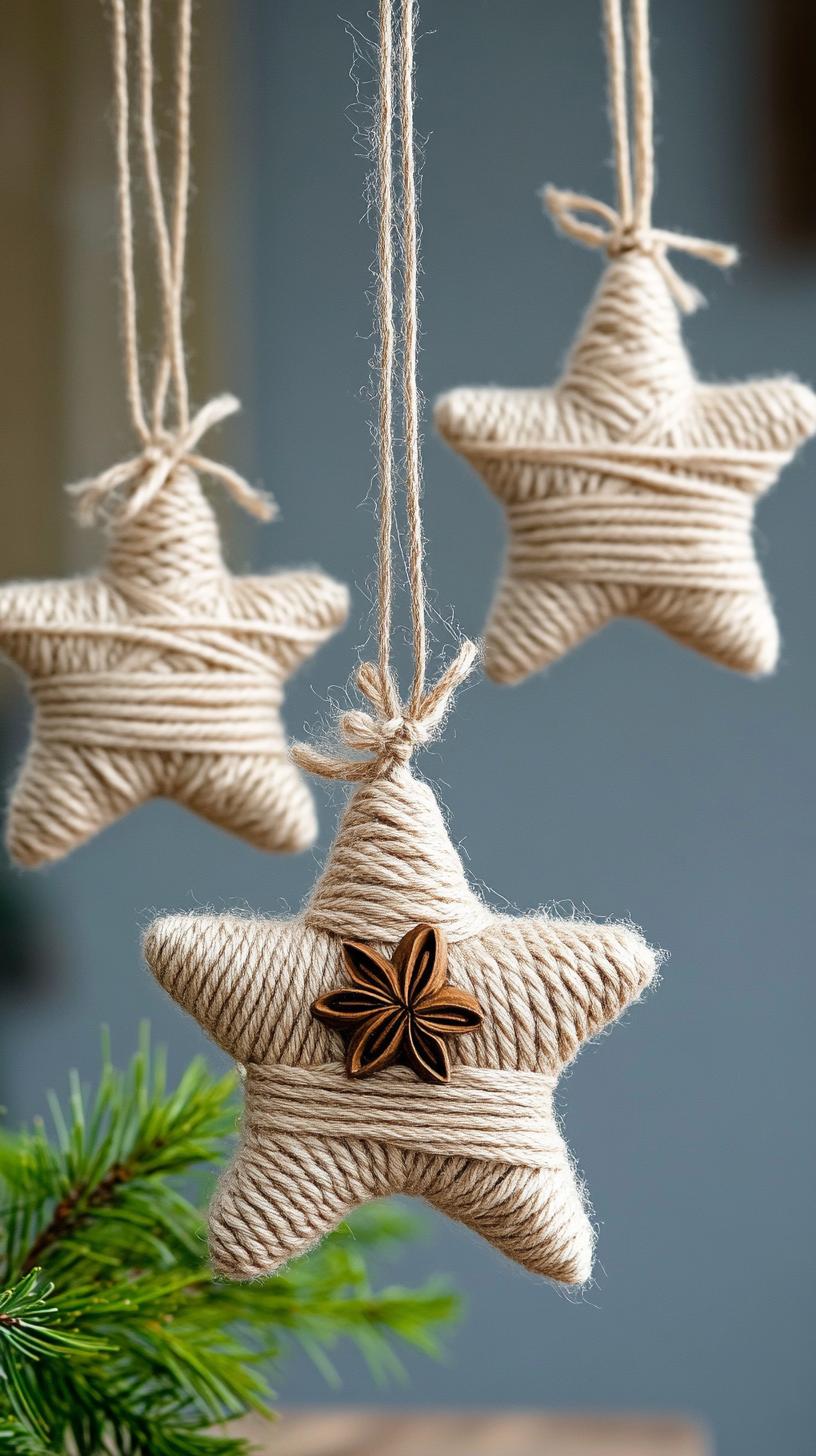 6. DIY yarn-wrapped star ornaments in neutral beige tones-1