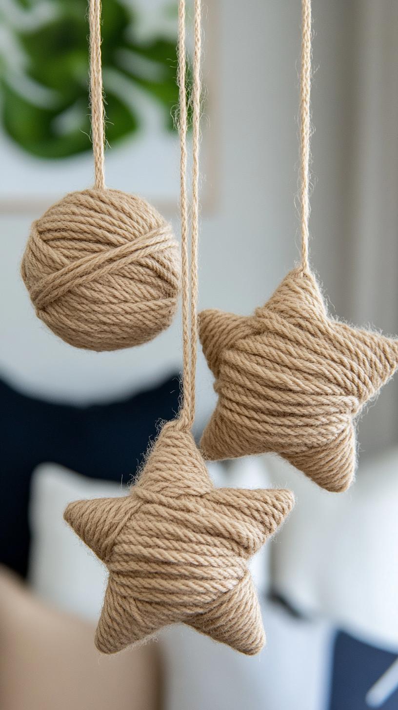 6. DIY yarn-wrapped star ornaments in neutral beige tones-2