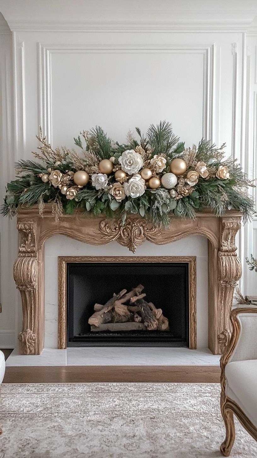 10. French country gold ornaments nestled in asymmetrical pine arrangement-0