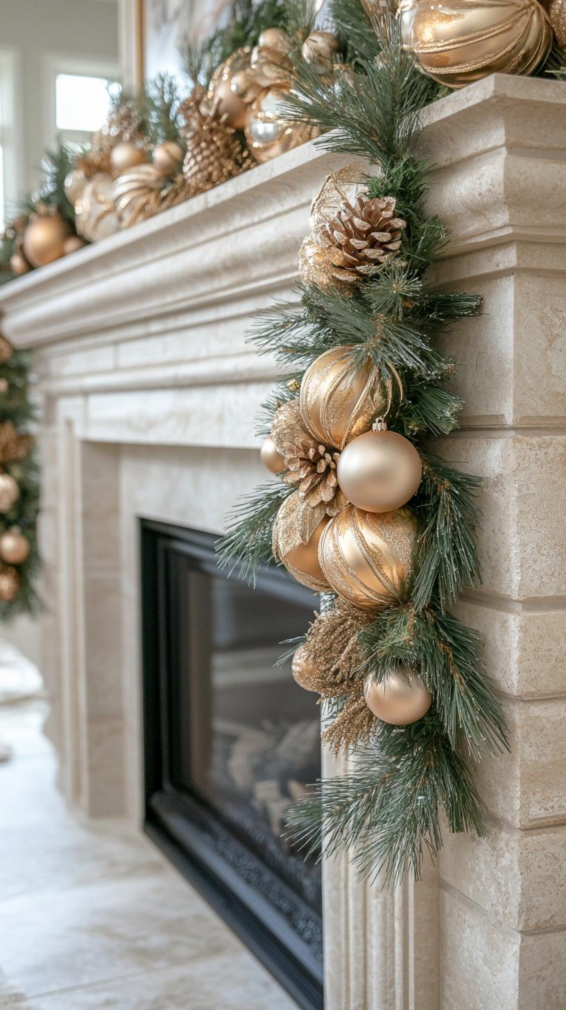 10. French country gold ornaments nestled in asymmetrical pine arrangement-1