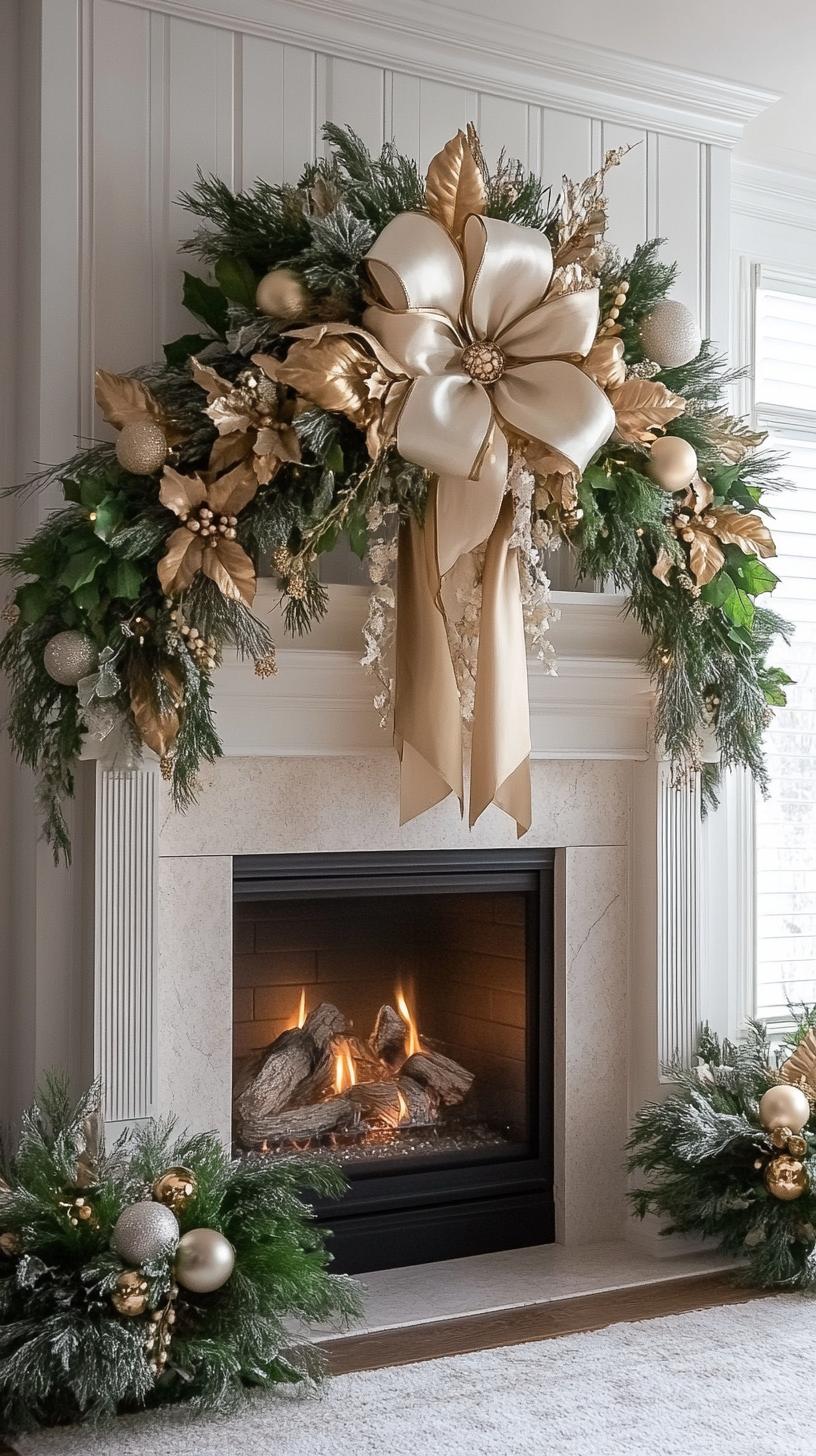 21. Luxurious champagne-colored ribbons cascading down greenery swags-1