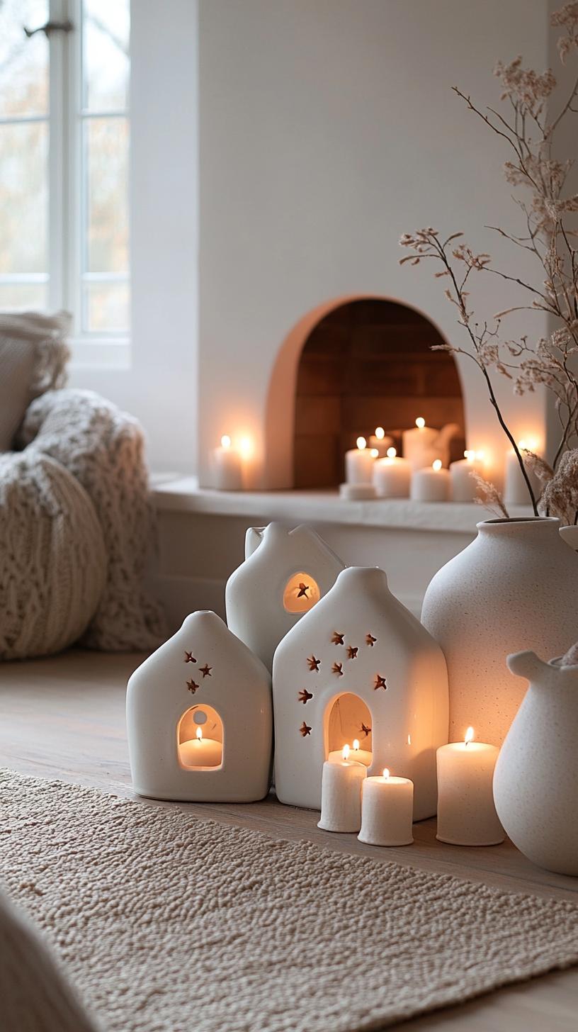 5. Minimalist Scandinavian white ceramic houses with twinkling lights-2