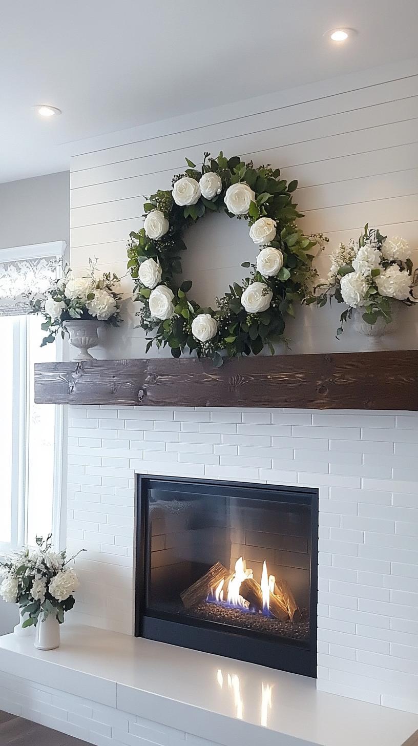 18. Modern monochromatic wreath above floating wood mantel shelf-0