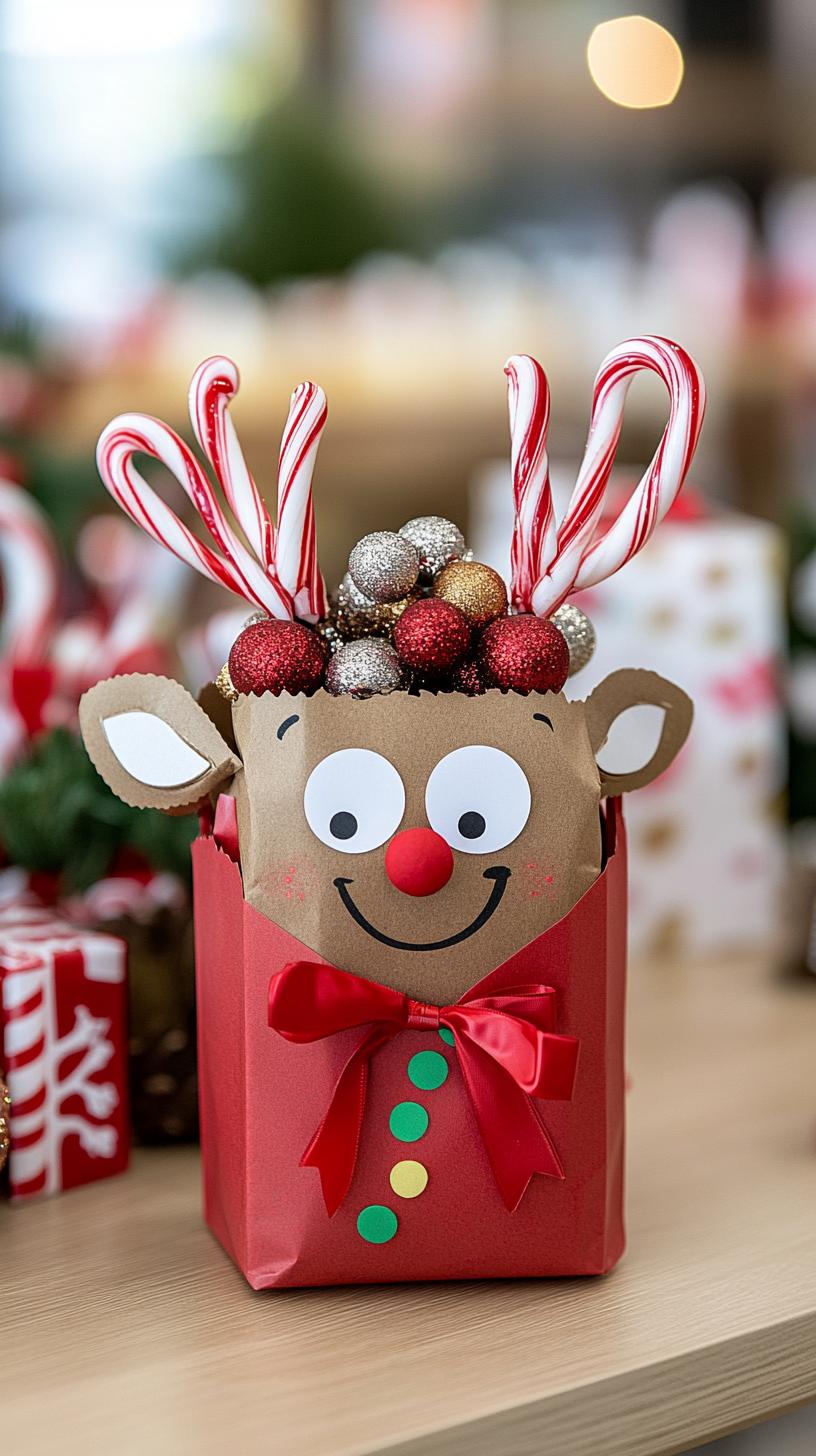 13. Paper bag reindeer treat holders with candy cane antlers-0