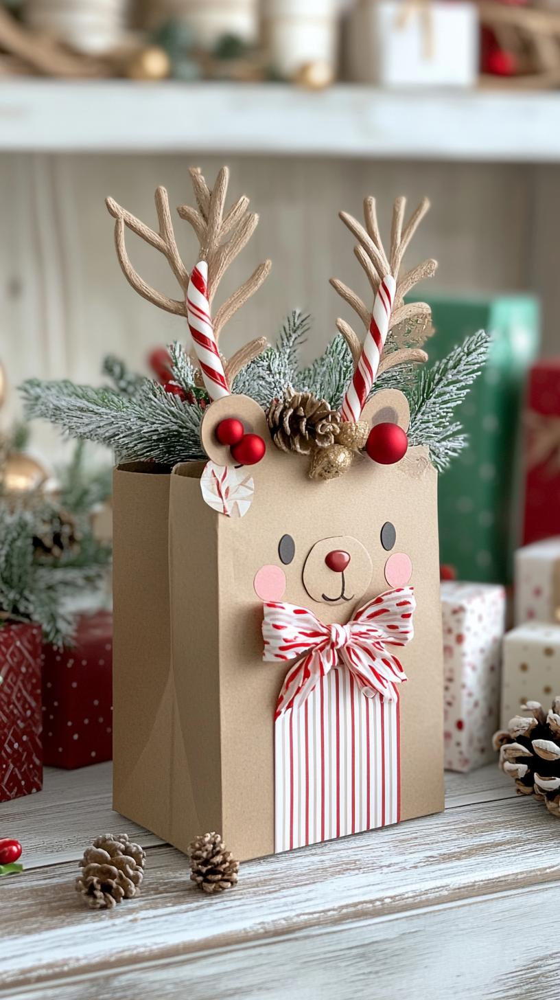 13. Paper bag reindeer treat holders with candy cane antlers-1