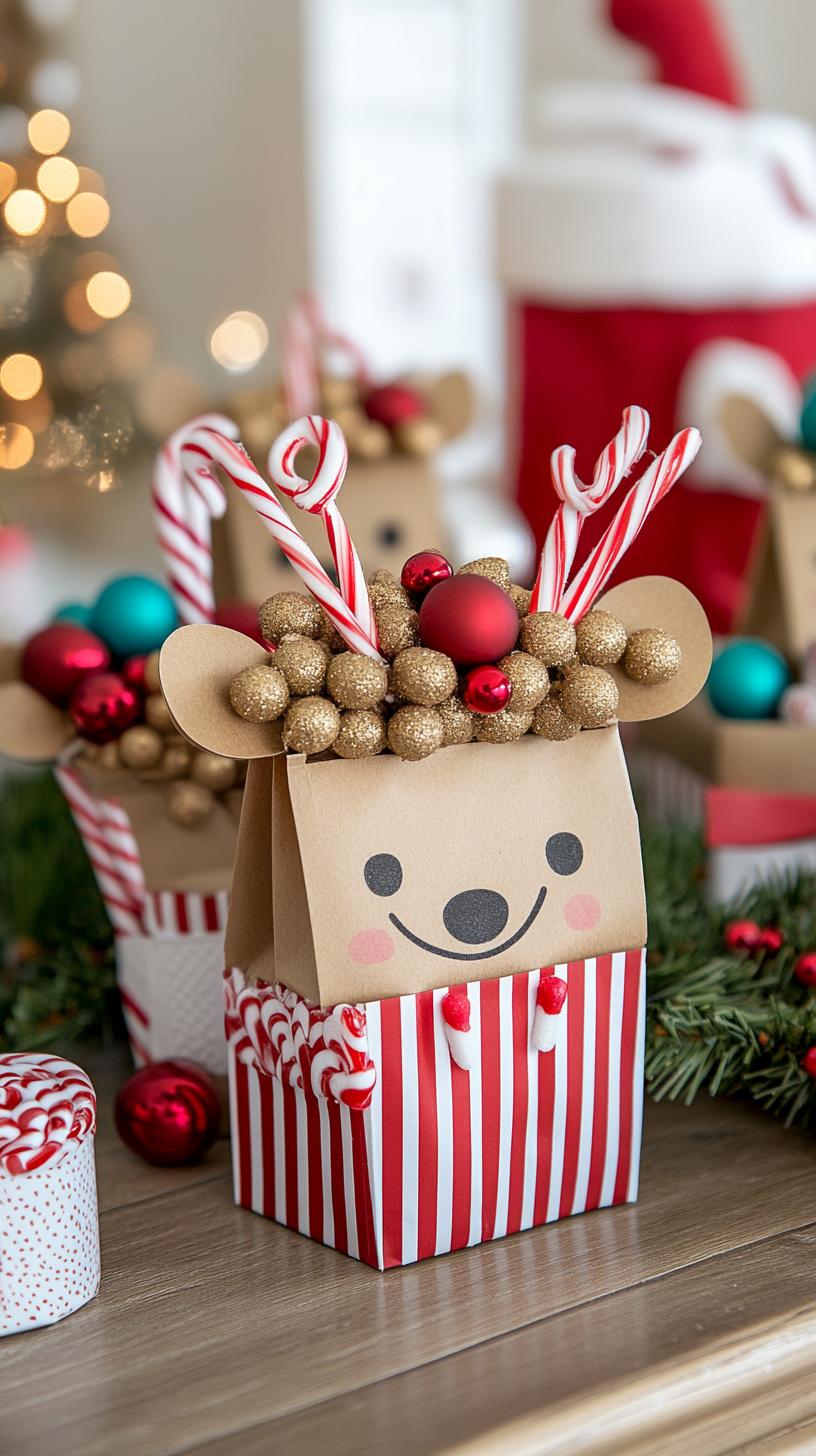 13. Paper bag reindeer treat holders with candy cane antlers-2