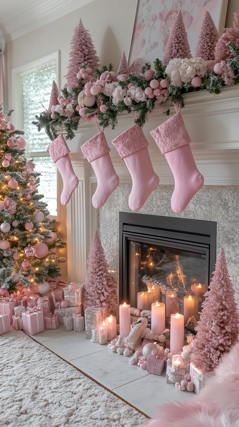 3. Pink stockings with blush-toned mini trees and candles-0