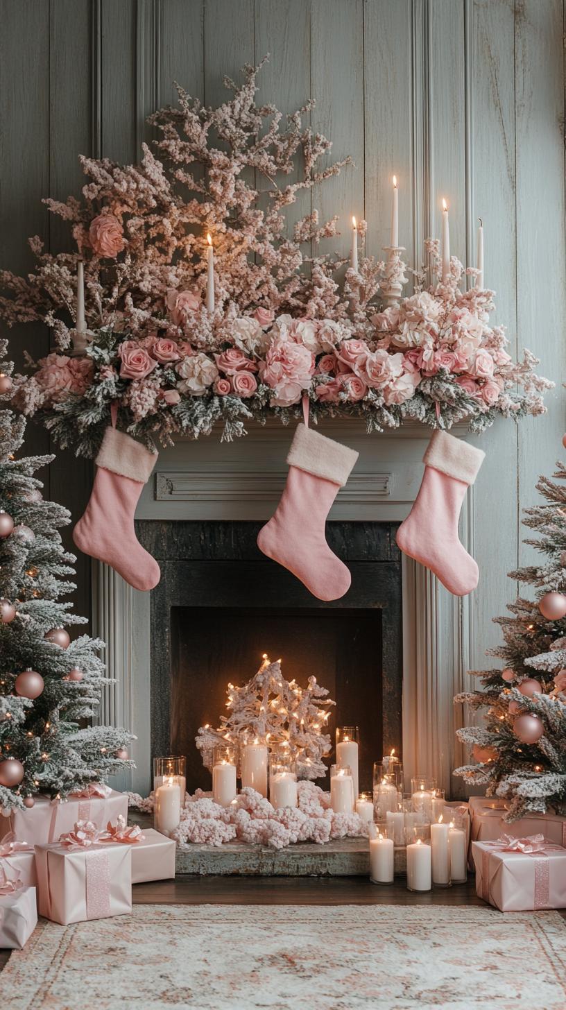 3. Pink stockings with blush-toned mini trees and candles-1