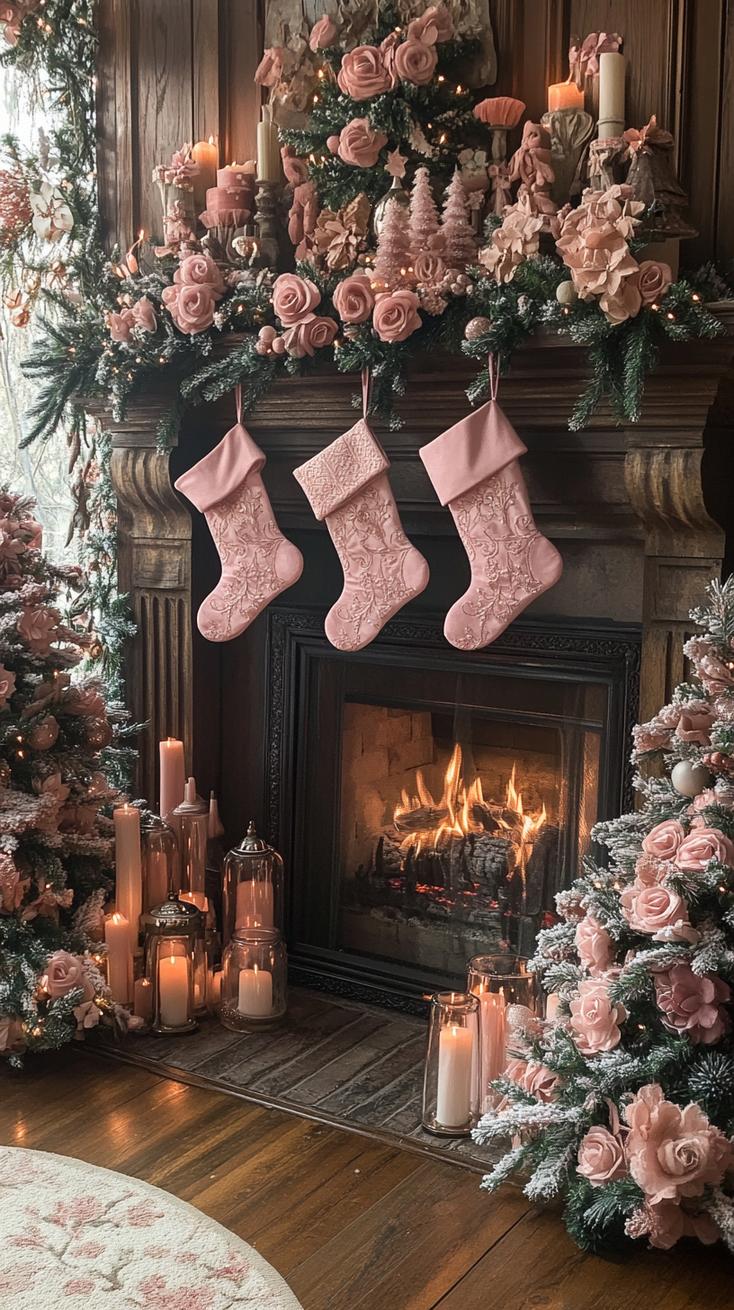 3. Pink stockings with blush-toned mini trees and candles-2