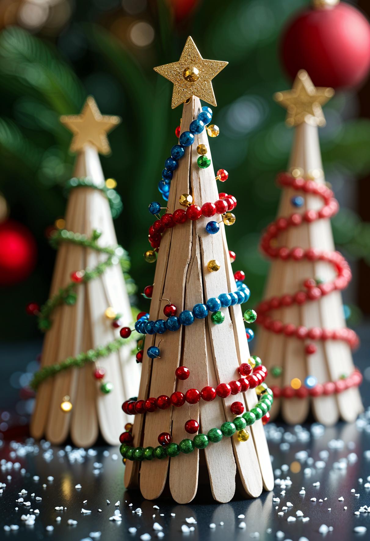 10. Popsicle stick Christmas trees adorned with beads and stars-1