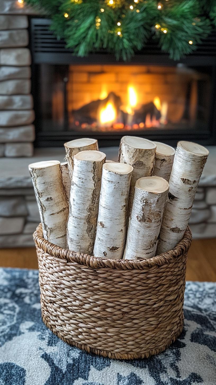 2. Rustic birch logs bundled in woven basket beside hearth-0