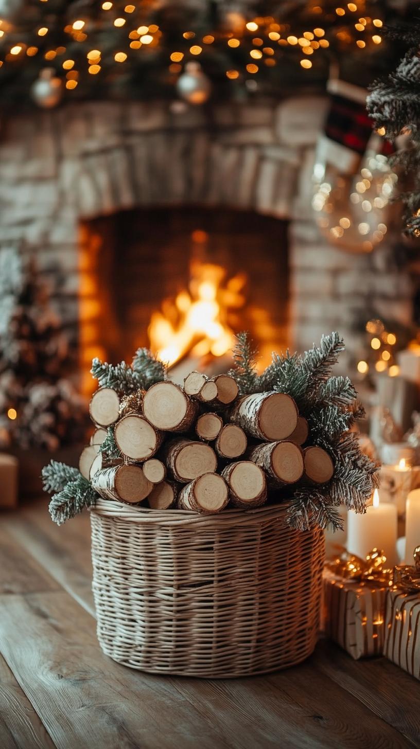 2. Rustic birch logs bundled in woven basket beside hearth-1