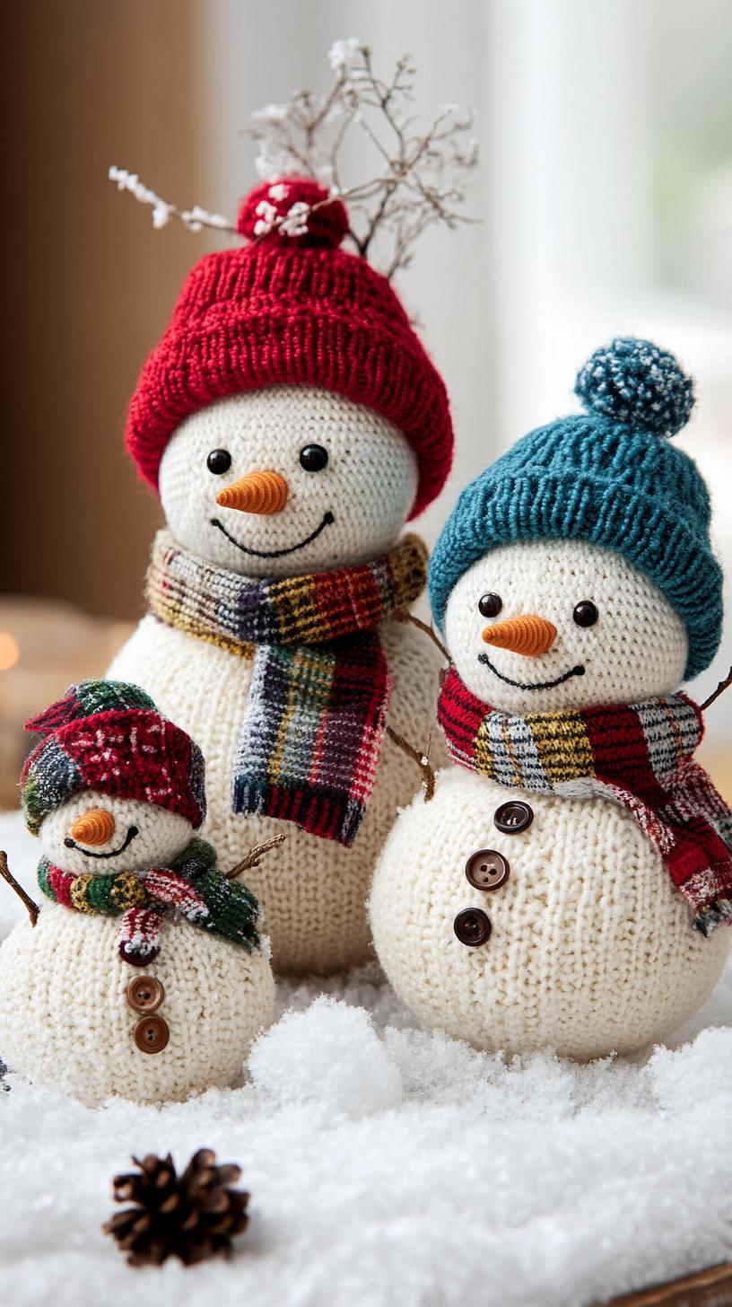 5. Sock snowmen with plaid scarves and button decorations-0