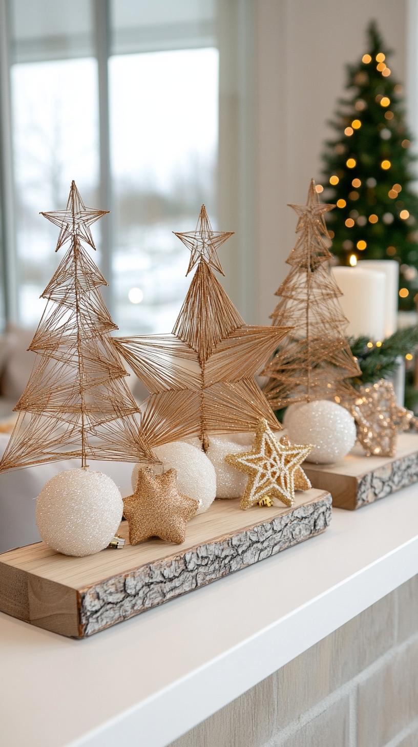 16. String art Christmas trees with metallic thread on wood-0