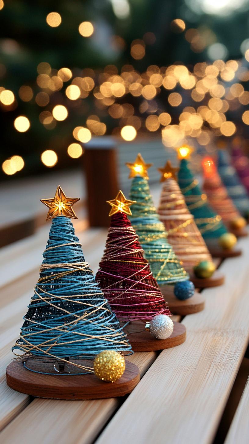 16. String art Christmas trees with metallic thread on wood-1