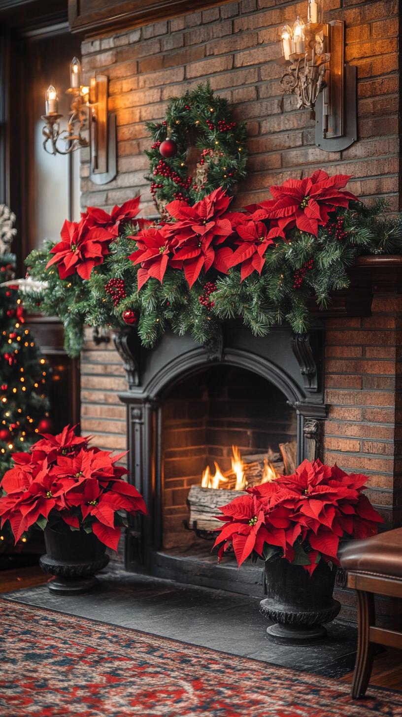 19. Traditional red poinsettias tucked into fresh pine swags-1