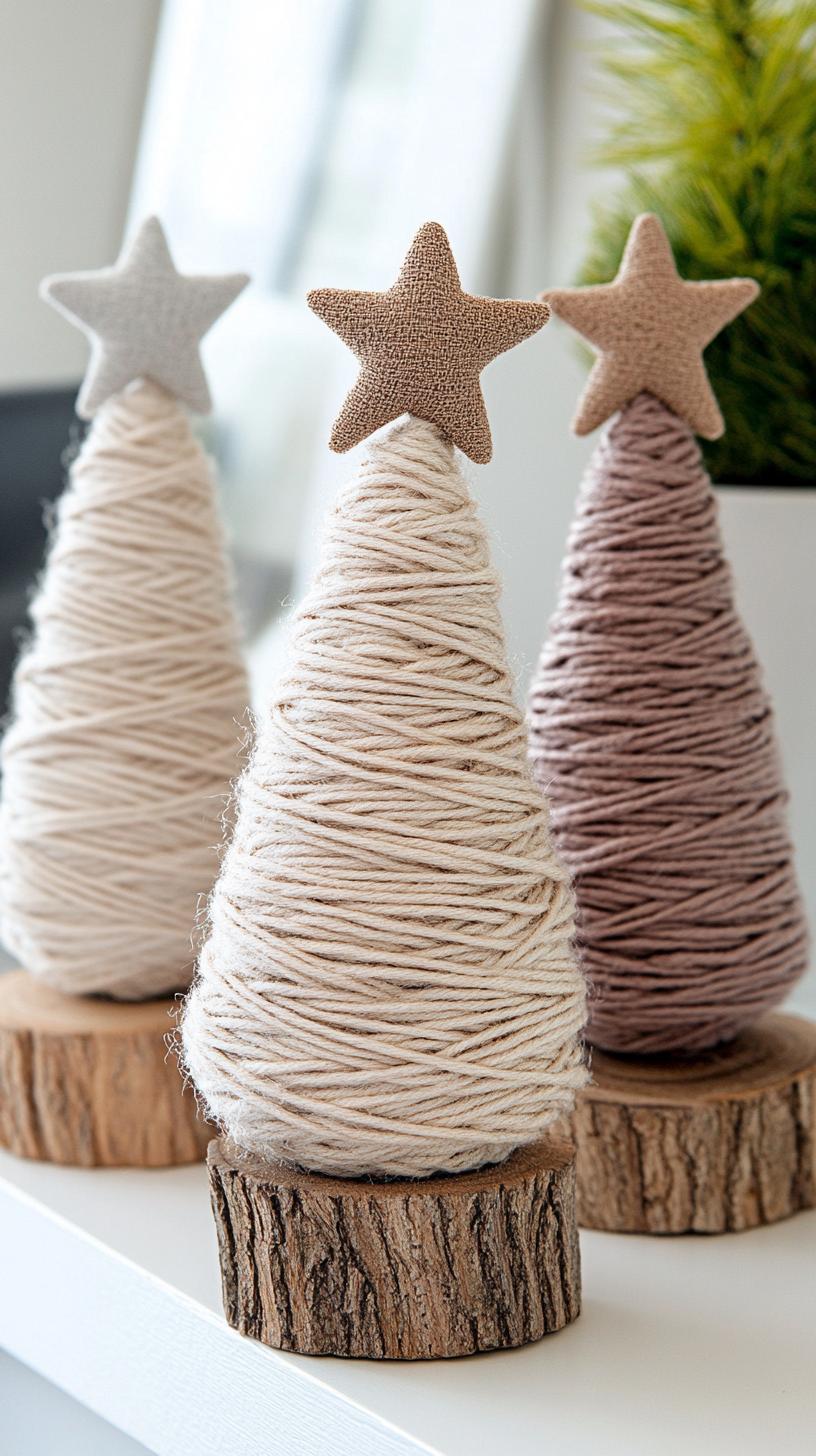 4. Twine-wrapped cone trees on rustic wooden bases with stars-0