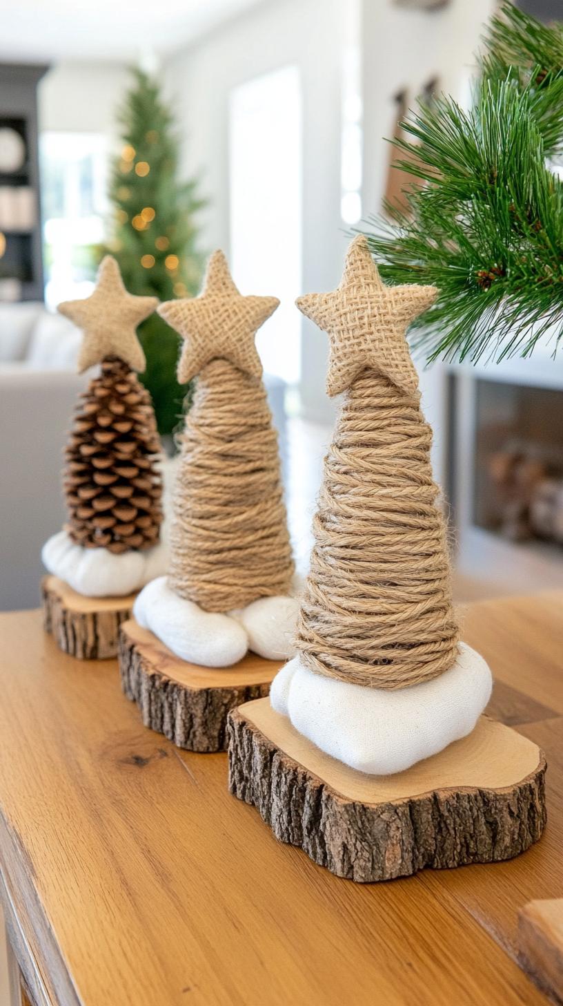 4. Twine-wrapped cone trees on rustic wooden bases with stars-1