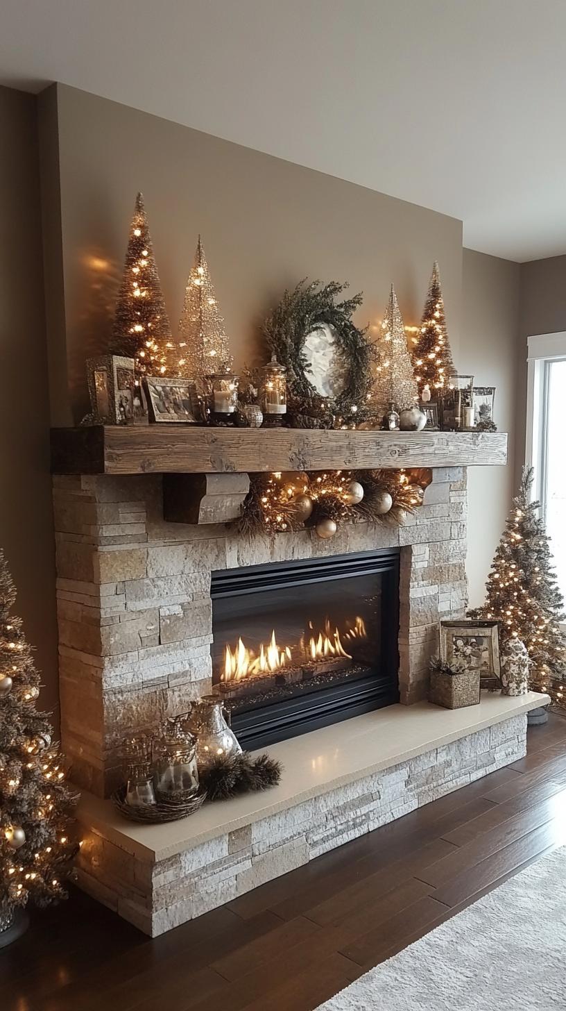 14. Vintage-inspired mercury glass trees clustered on rustic mantel-0