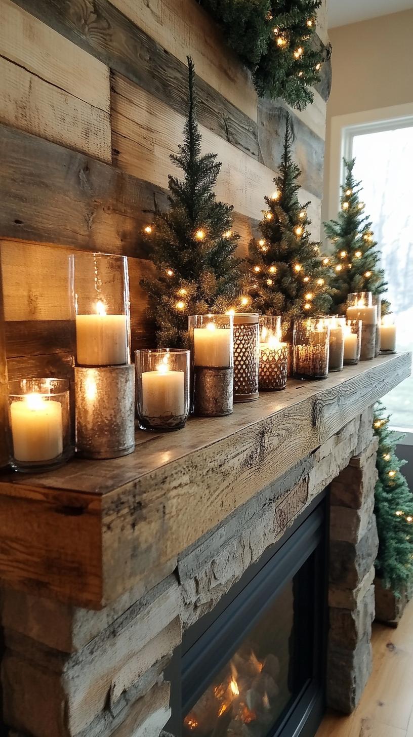 14. Vintage-inspired mercury glass trees clustered on rustic mantel-1