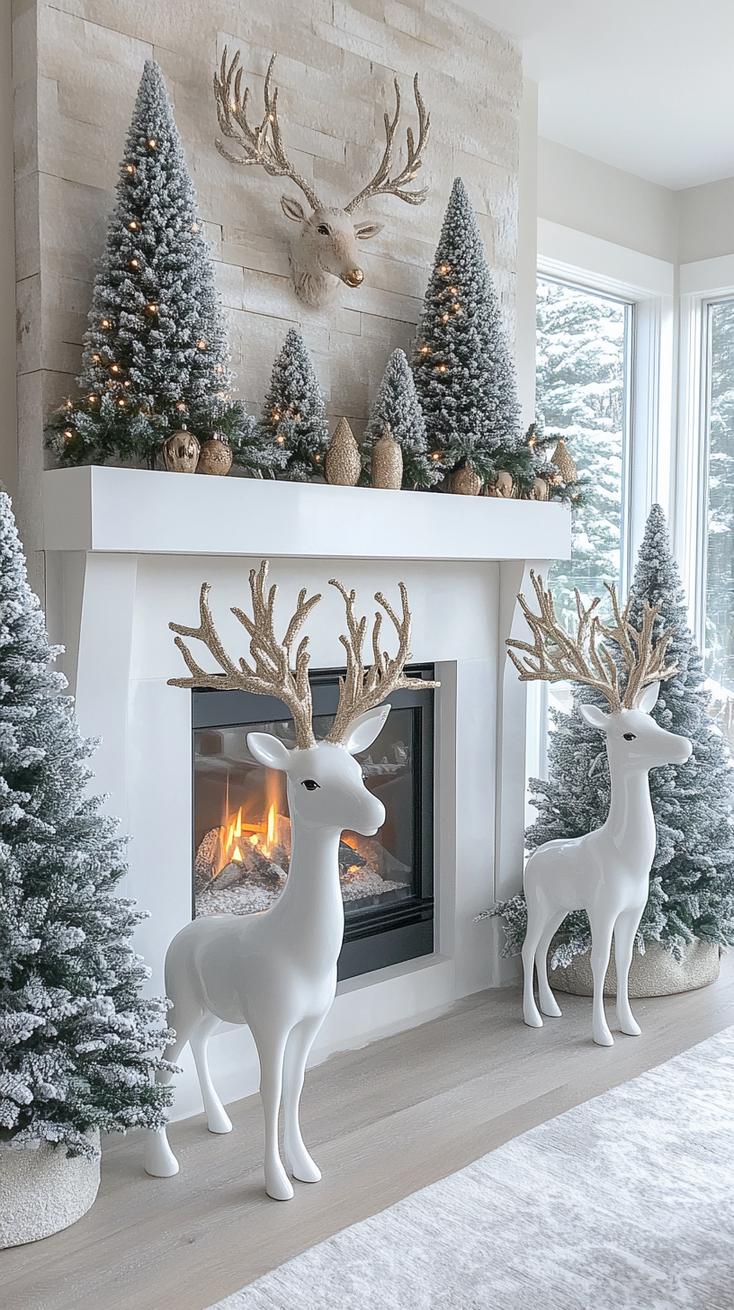 16. White ceramic reindeer amongst frosted mini Christmas trees-1