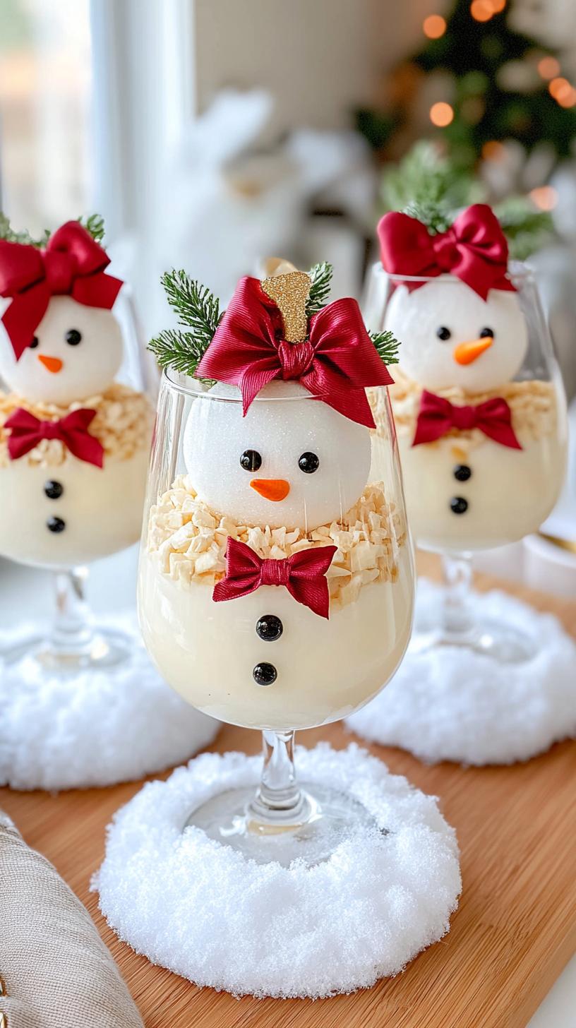 14. Wine glass snowmen with ribbon bows on snowy bases-0