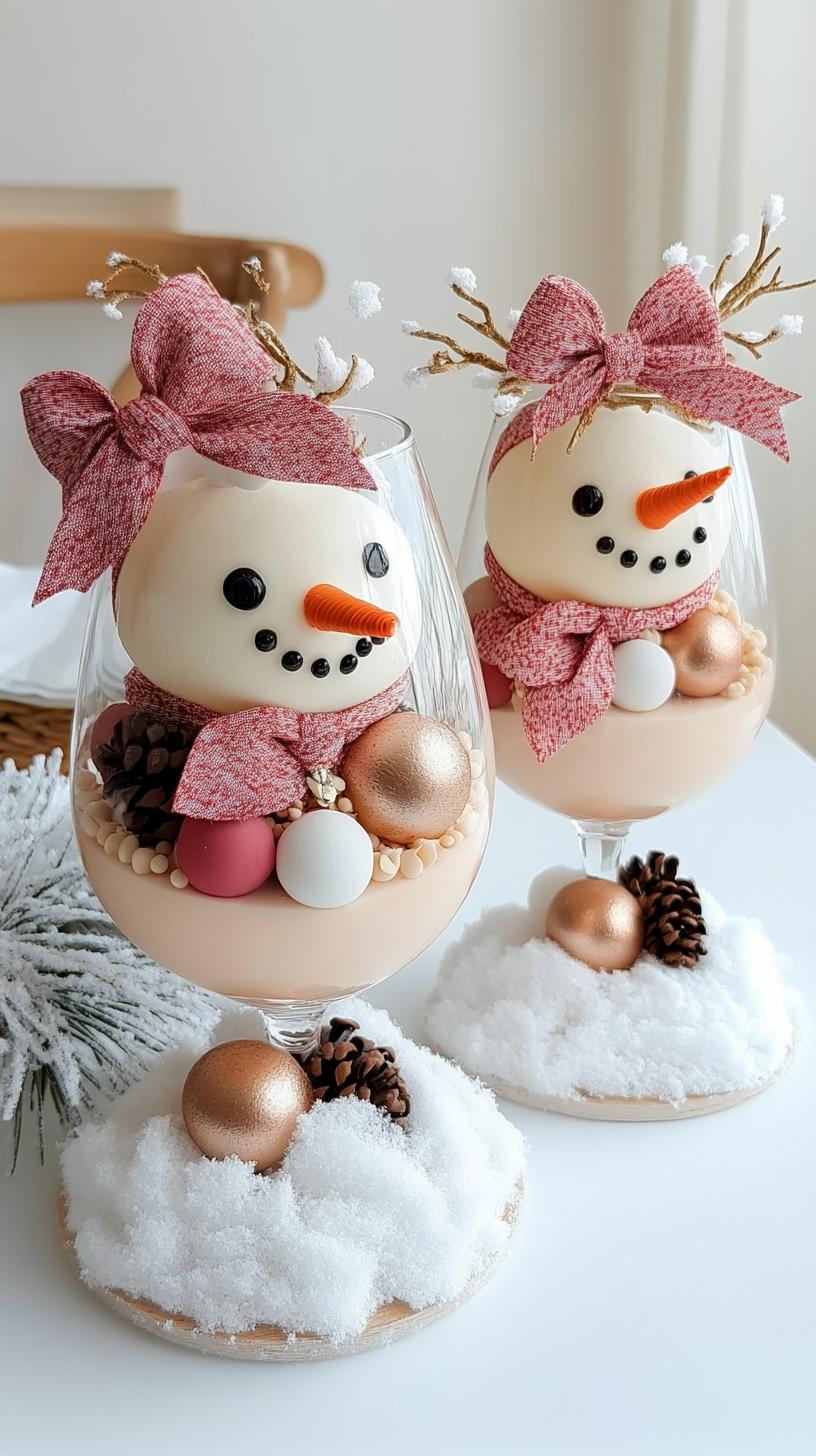 14. Wine glass snowmen with ribbon bows on snowy bases-1