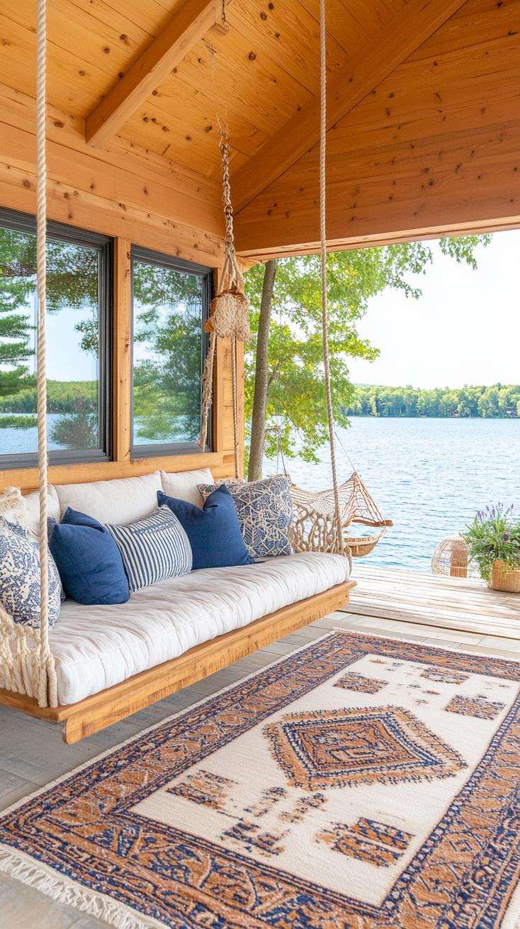 21 Breathtaking Lake House Designs for Ultimate Relaxation 19 7. Boho Lakeside Lounge Design-0