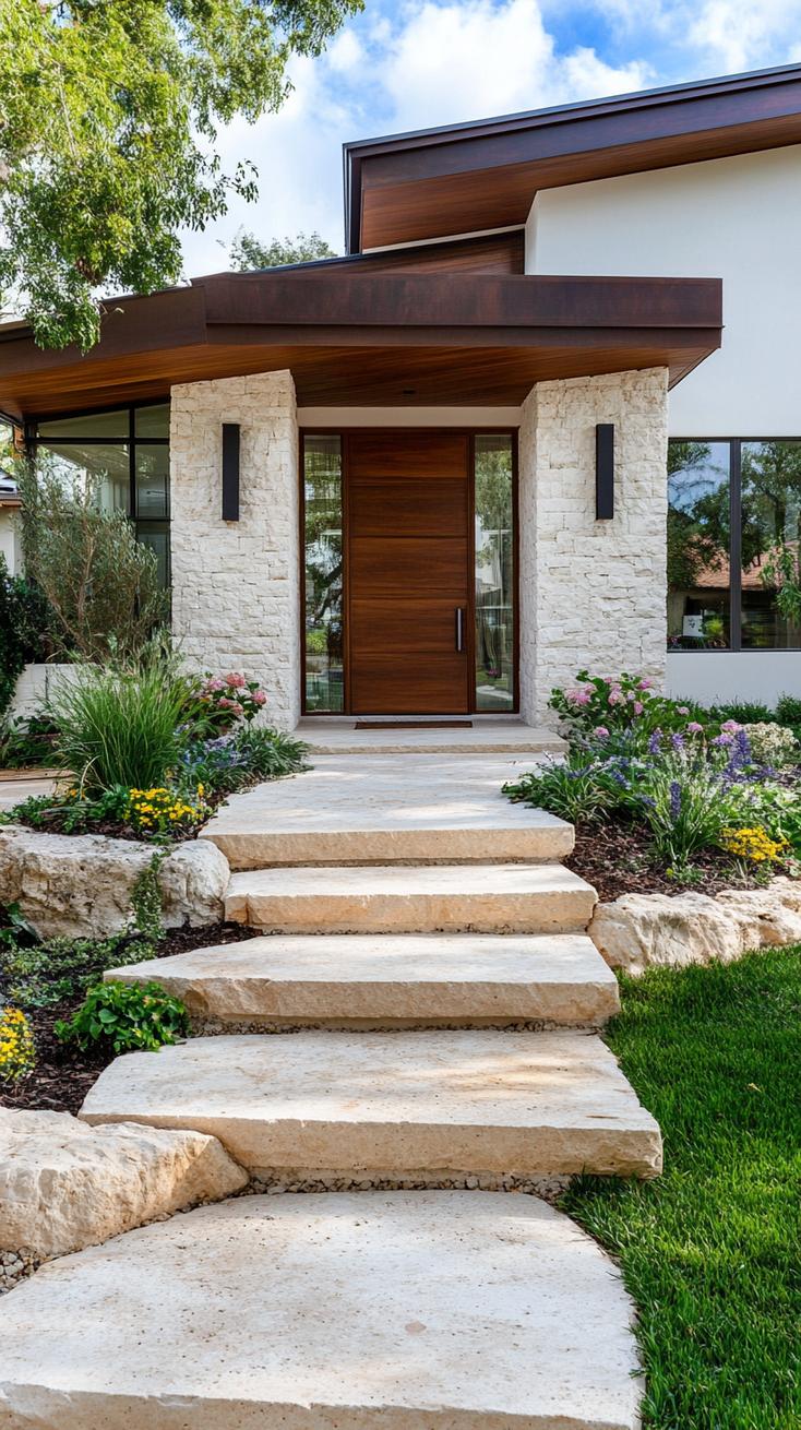 7. Contemporary entryway with minimalist landscaping and stone steps-0